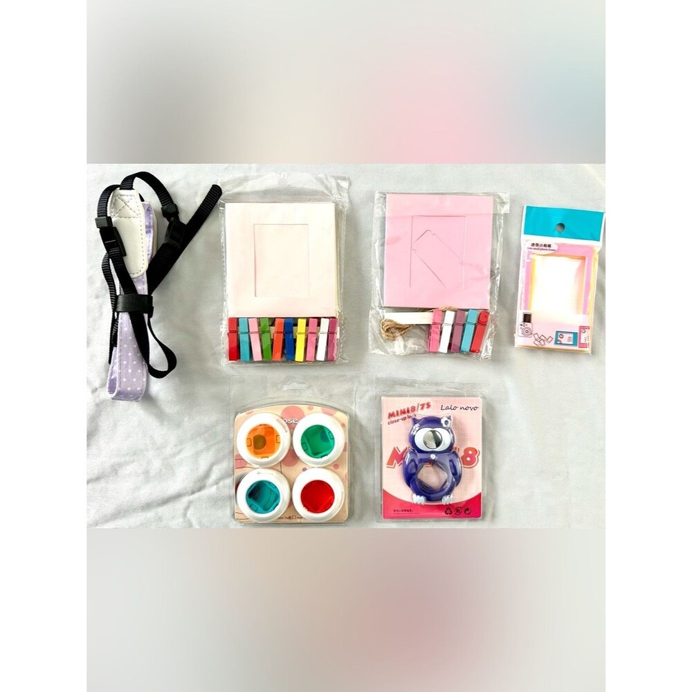 Instax Mini 7s/8 Accessory Lot – Lenses, Frames, Straps, Clips & Photo Holders